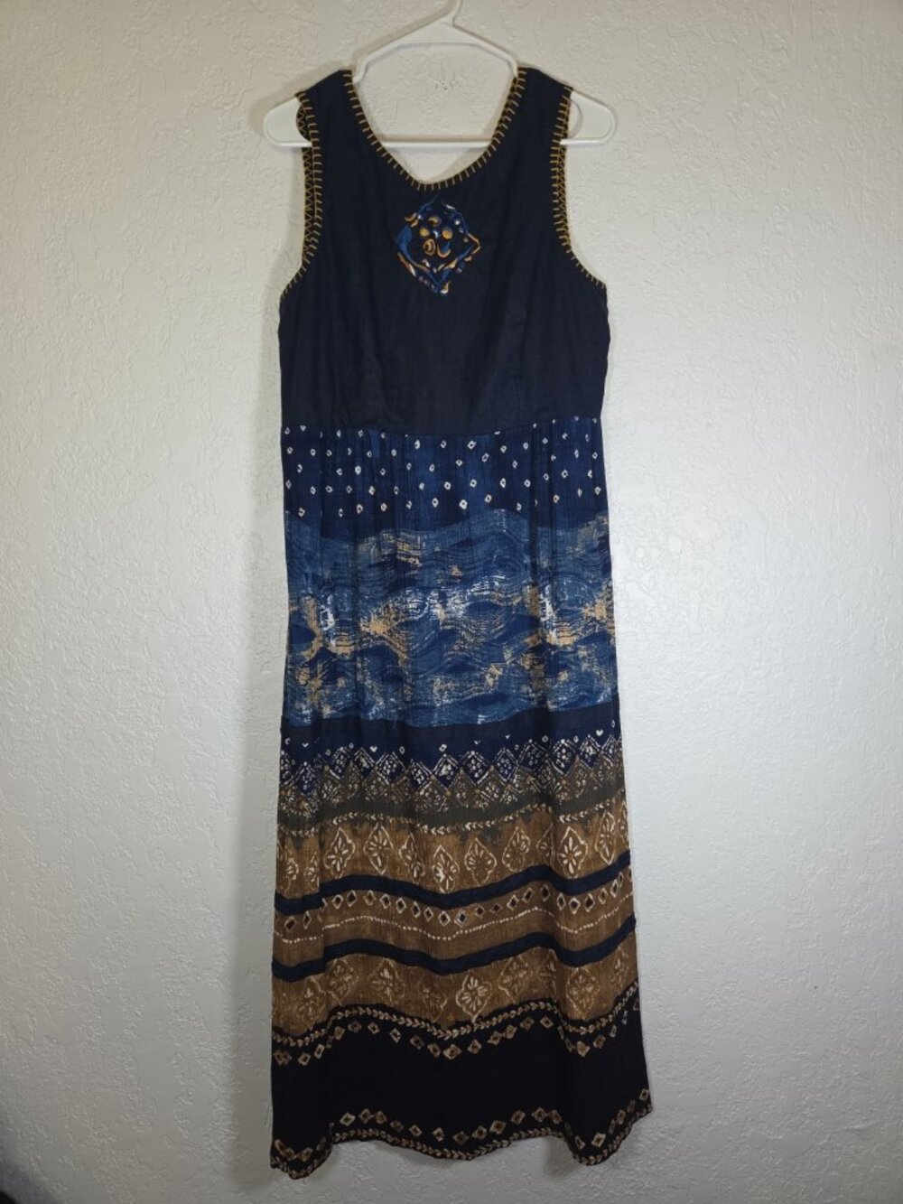 Carole Little Dress Sz 12 Blue Linen Maxi Boho Back Cutout Sleeveless Aztec USA